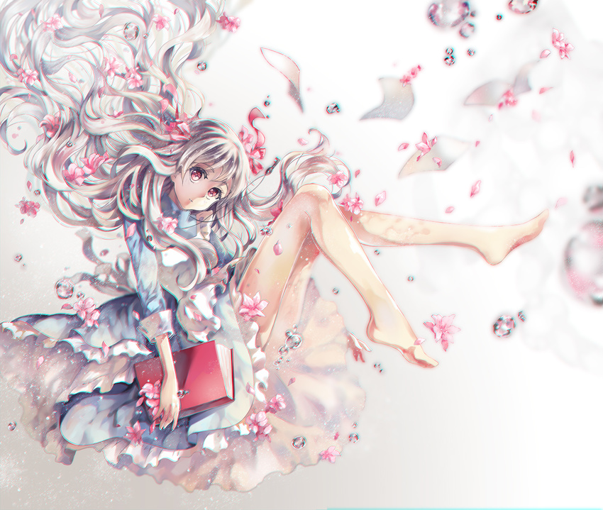 air_bubble barefoot blurry book bubble commentary depth_of_field dress female floating_hair flower head_tilt kagerou_project kozakura_marry long_hair petals photoshop_(medium) red_eyes solo teka underwater wavy_hair white_hair