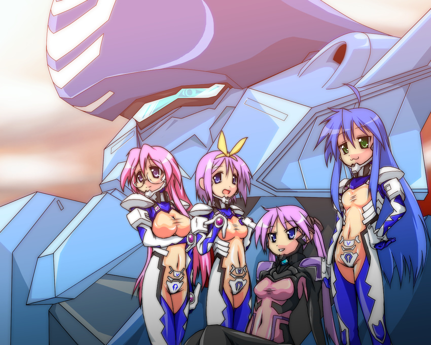 4girls :3 :d ahoge armor bad_id bad_pixiv_id blue_eyes blue_hair bodysuit bow breast_hold breasts commentary_request cosplay covered_navel fortified_suit glasses green_eyes hand_on_own_hip hiiragi_kagami hiiragi_tsukasa izumi_konata large_breasts long_hair lucky_star mecha multiple_girls muv-luv open_mouth otoo_(izanagi) pilot_suit pink_hair purple_eyes purple_hair robot short_hair siblings sisters sitting skin_tight small_breasts smile tactical_surface_fighter takara_miyuki twintails