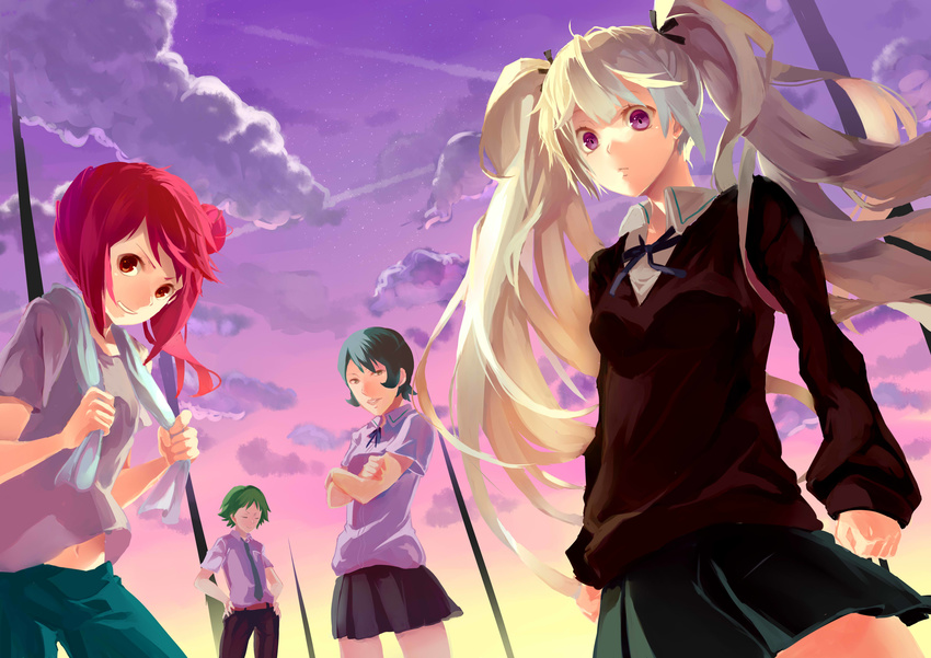 1boy 3girls absurdres bad_id bad_pixiv_id blue_hair cardigan clenched_hands contrail crossed_arms d-frag! green_hair grin hair_bun hands_on_own_hips highres kurenai907 matsubara_azuma multiple_girls naganuma neck_ribbon necktie purple_eyes red_eyes red_hair ribbon sakai_tama scowl shinsen_(d-frag!) single_hair_bun sky smile smirk star_(sky) starry_sky towel towel_around_neck twilight twintails white_hair wing_collar