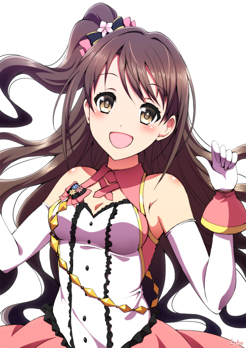 brown_eyes brown_hair commentary_request elbow_gloves female gloves highres idolmaster idolmaster_cinderella_girls idolmaster_cinderella_girls_starlight_stage long_hair one_side_up ookami_maito open_mouth shimamura_uzuki solo stage_of_magic_(idolmaster)