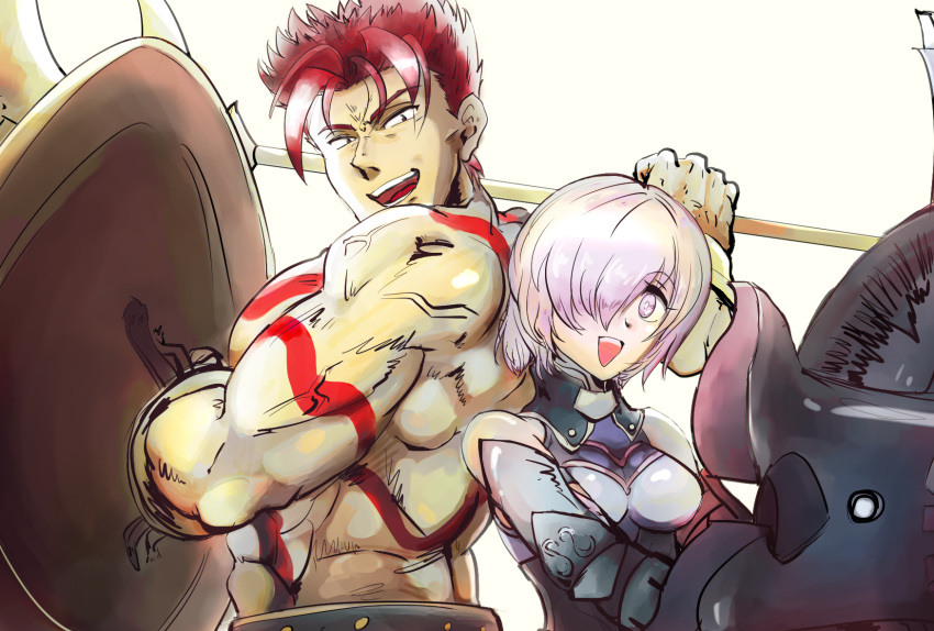 1boy back-to-back commentary_request f_(ffffff9910) fate/grand_order fate_(series) female hair_over_one_eye highres leonidas_(fate) mash_kyrielight muscular polearm purple_eyes purple_hair red_eyes red_hair shield spear tattoo weapon weapon_connection