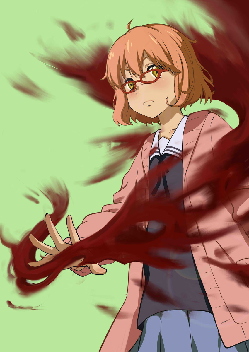 absurdres black_shirt blood blood_sword blouse blue_skirt blush bob_cut brown_eyes brown_hair cardigan commentary_request dong_(wandong44944) female frown glasses green_background hemokinesis highres kuriyama_mirai kyoukai_no_kanata looking_at_viewer open_cardigan open_clothes outstretched_hand pleated_skirt red-framed_eyewear school_uniform serafuku shirt short_hair simple_background skirt solo yellow_eyes