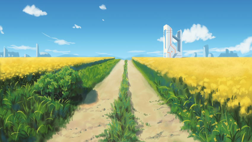 bad_id bad_pixiv_id blue_sky building bush cloud day dirt_road fateline_alpha field flower grass highres horizon no_humans original outdoors photoshop_(medium) plant road scenery sky vanishing_point yellow_flower