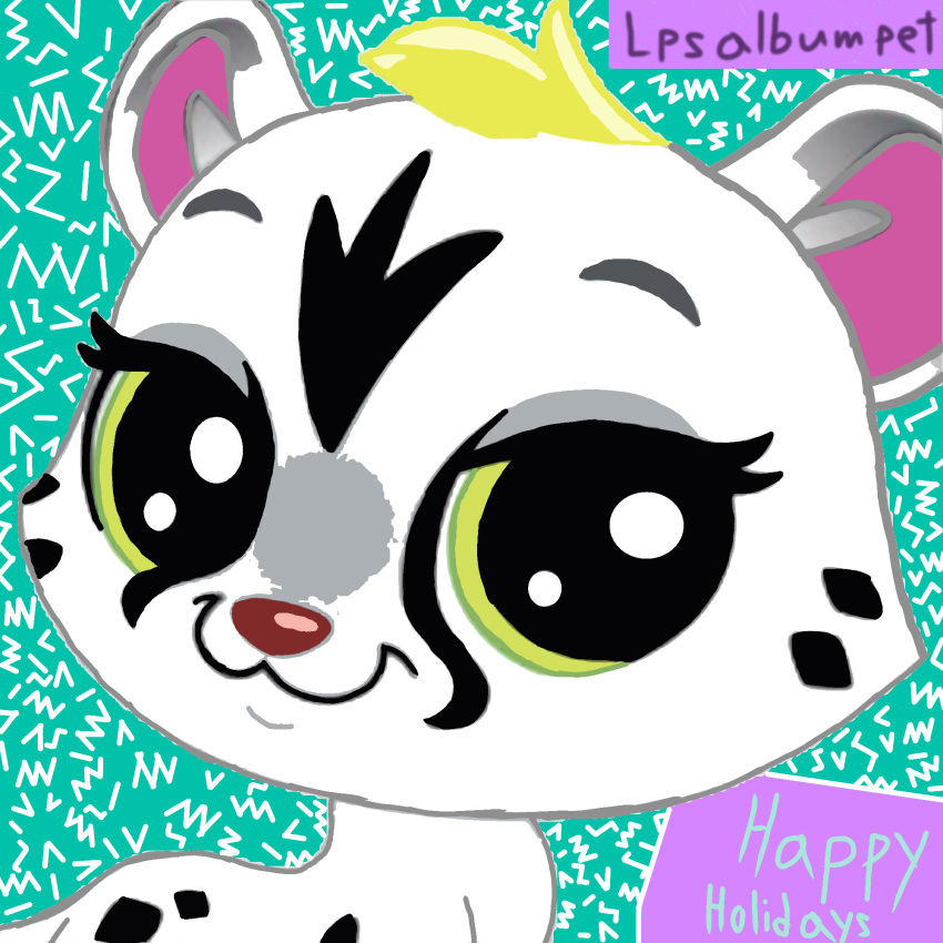 1:1 2018 black_body black_fur blonde_hair cheetah felid feline female fur green_eyes hair hasbro hi_res holidays littlest_pet_shop littlest_pet_shop:_a_world_of_our_own looking_at_viewer magenta_fur mammal savannah_cheetaby simple_background smile solo white_body white_fur