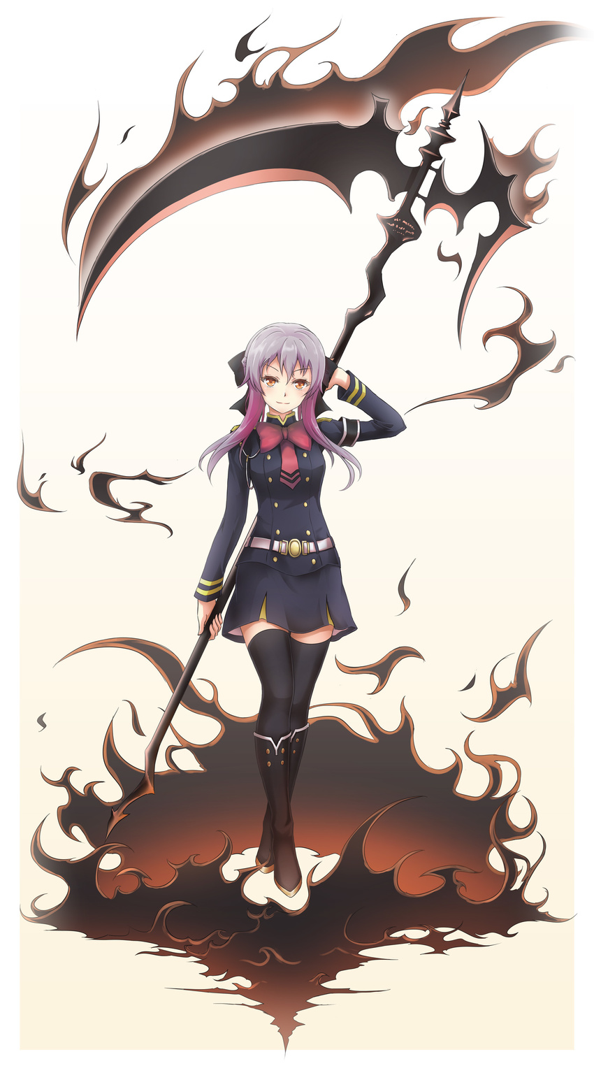 absurdres asakurashinji belt black_skirt black_thighhighs brown_eyes commentary_request female highres hiiragi_shinoa holding holding_weapon long_hair owari_no_seraph photoshop_(medium) purple_hair scythe skirt solo thighhighs uniform weapon zettai_ryouiki