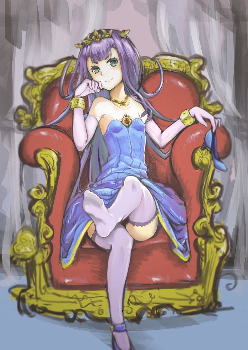 bracelet commentary_request crossed_legs dong_(wandong44944) dress elbow_gloves empress feet female gloves green_eyes highres holding holding_shoes jewelry leg_up long_hair looking_at_viewer necklace outbreak_company petralka_anne_eldant_iii photoshop_(medium) purple_hair purple_thighhighs shoes single_shoe sitting smile solo thighhighs tiara