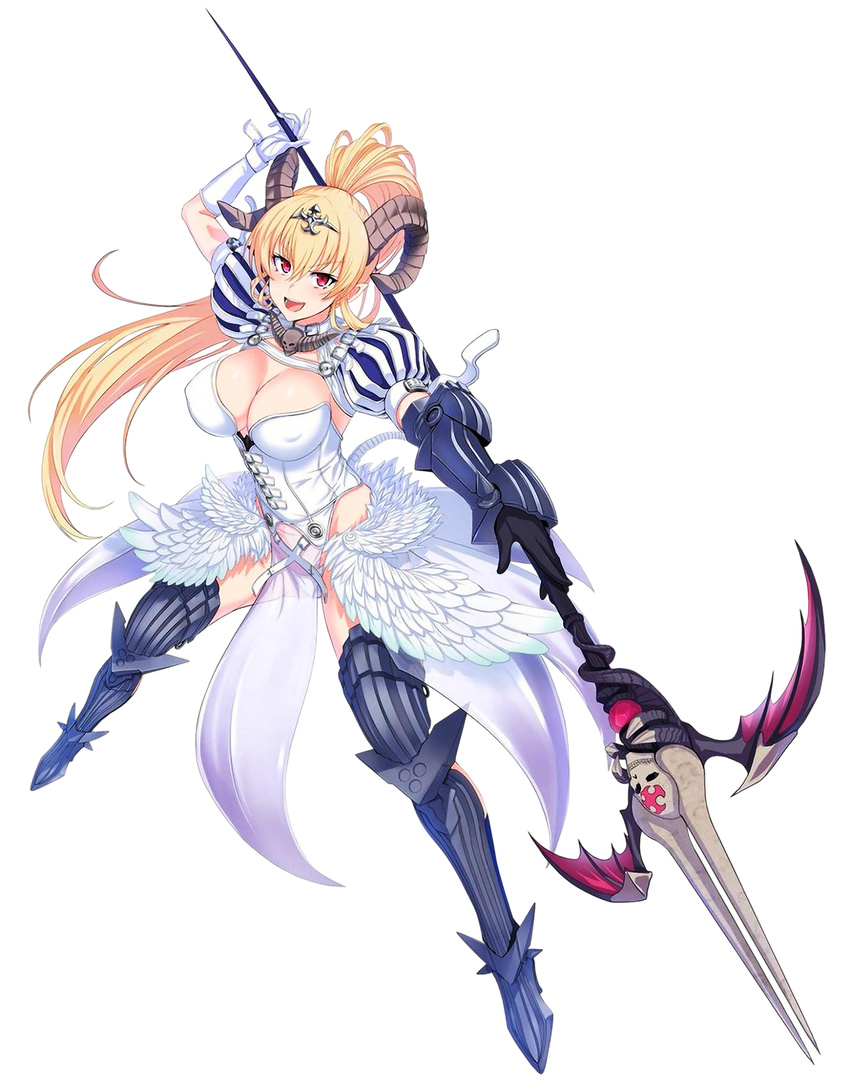 >:d :d angel_wings arm_up armor armored_boots bangs black_gloves blonde_hair boots breasts bustier circlet cleavage demon_horns detached_sleeves dress feathered_wings female full_body gloves greaves high_ponytail holding holding_weapon horns large_breasts legs_apart long_hair looking_at_viewer low_wings lucifer_(the_seven_deadly_sins) mismatched_gloves official_art open_mouth outstretched_arm pelvic_curtain pointy_ears polearm puff_and_slash_sleeves puffy_short_sleeves puffy_sleeves red_eyes sheep_horns short_sleeves simple_background smile solo spear the_seven_deadly_sins thigh_boots thighhighs ulrich_(tagaragakuin) vambraces very_long_hair weapon white_background white_dress white_gloves wings