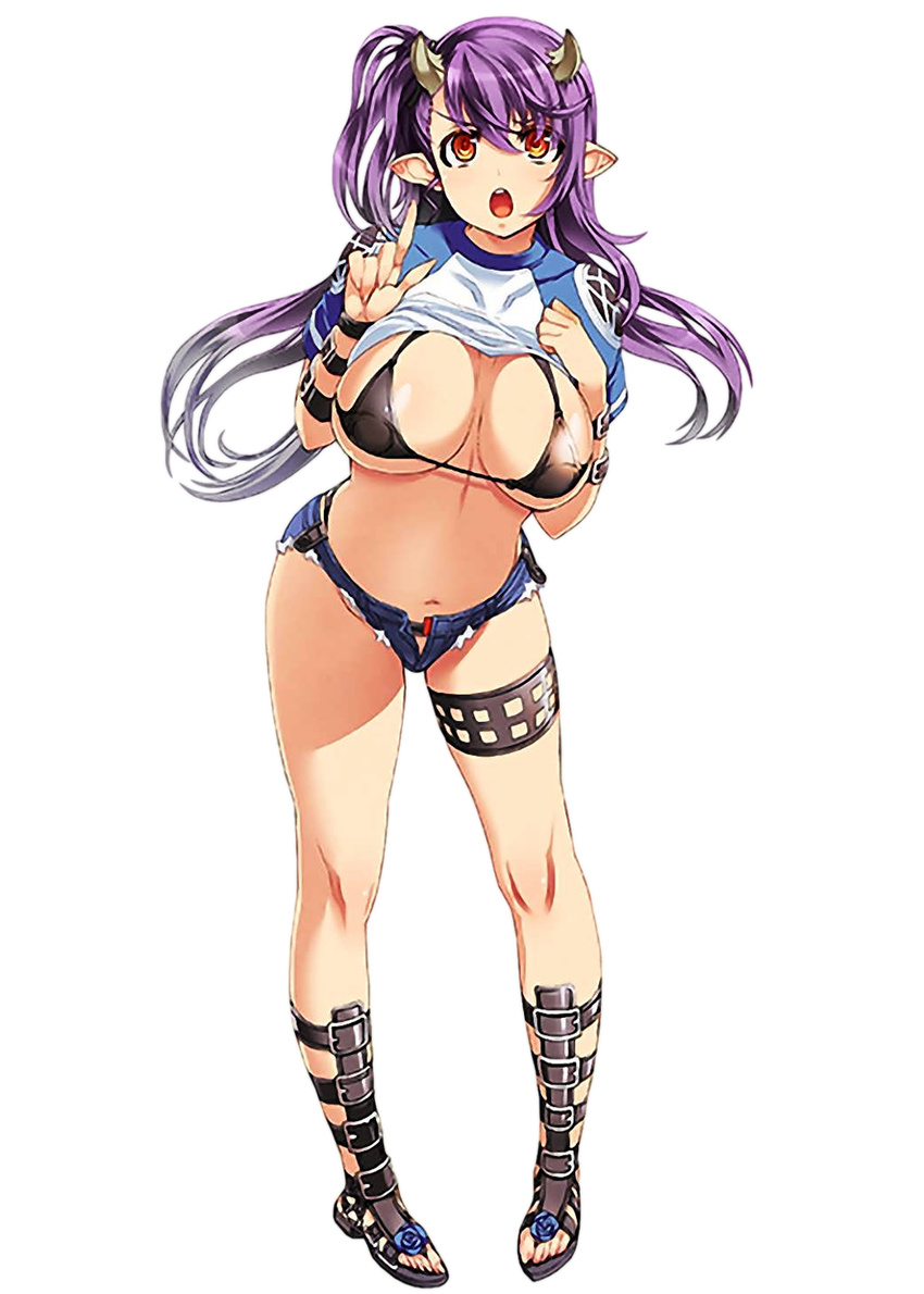 :o bikini_top breasts cleavage demon_girl denim denim_shorts female gradient gradient_background hair_ornament horns index_finger_raised large_breasts leviathan_(the_seven_deadly_sins) long_hair looking_at_viewer navel nishii_(nitroplus) no_legwear open_mouth pigeon-toed pointy_ears purple_hair red_eyes sandals shirt_lift short_shorts shorts side_ponytail simple_background solo teeth the_seven_deadly_sins