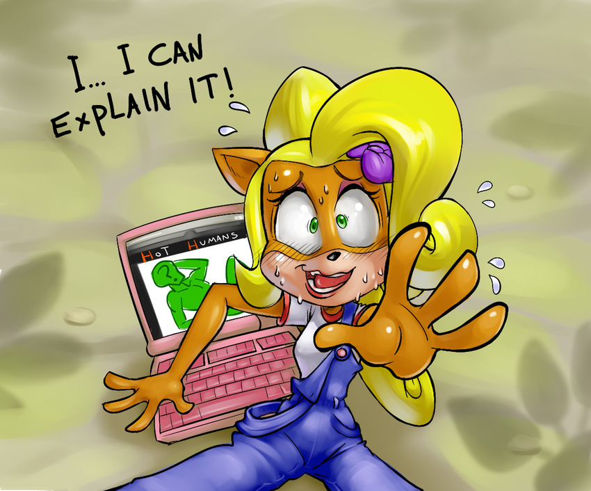 2017 4_fingers ?_face accessory activision anon anthro bandicoot blonde_hair blush blush_lines bodily_fluids breasts caught clothing coco_bandicoot computer crash_(series) digital_media_(artwork) electronics english_text eyebrows eyelashes eyeshadow female fingers flower flower_in_hair green_eyes hair hair_accessory human humor laptop long_hair looking_at_porn looking_at_viewer makeup mammal mario-grant marsupial nervous open_mouth orange_body overalls panicking plant pornography reverse_furry simple_background solo sweat text