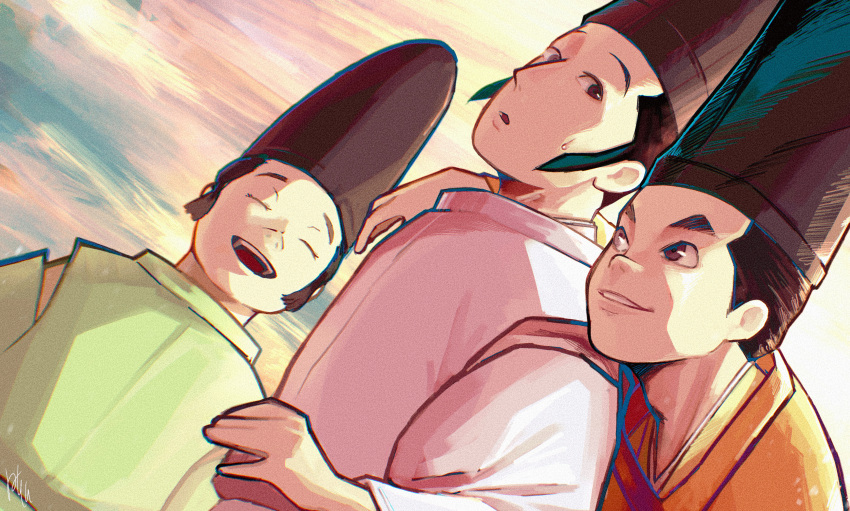 3boys :d absurdres arm_around_shoulder black_hair black_headwear dutch_angle hashiten8402 heike_monogatari highres japanese_clothes laughing male_focus multiple_boys outdoors smile sweatdrop taira_no_kiyotsune taira_no_koremori taira_no_sukemori