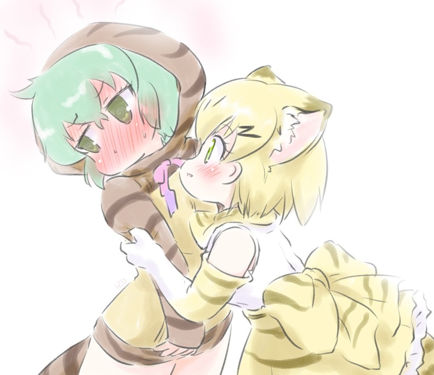 2girls @_@ animal_ears animal_print back_bow bare_shoulders blonde_hair blush bow bowtie cat_ears cat_girl cat_print cat_tail commentary_request elbow_gloves extra_ears full-face_blush gloves gradient_ribbon green_eyes green_hair hair_between_eyes hood hood_up hoodie hug kemono_friends long_sleeves multiple_girls neck_ribbon pink_ribbon print_bow print_bowtie print_gloves print_hoodie print_skirt purple_ribbon ribbon sand_cat_(kemono_friends) shirt short_hair short_sleeves skirt sleeveless snake_print snake_tail t-shirt tail tsuchinoko_(kemono_friends) two-tone_bowtie uho_(uhoyoshi-o) white_bow white_bowtie white_shirt yellow_bow yellow_bowtie