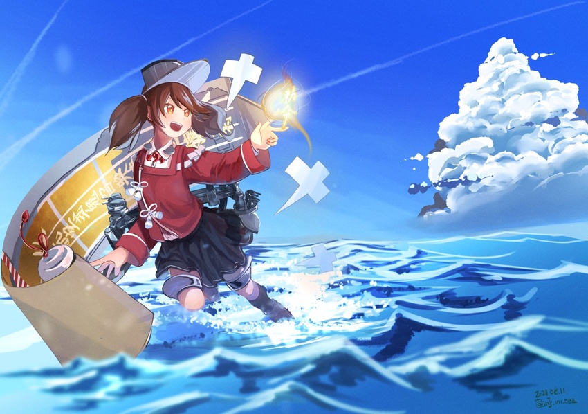 black_skirt blue_sky brown_eyes brown_hair cloud day female infini japanese_clothes kantai_collection kariginu long_sleeves magatama miniskirt ocean onmyouji outdoors pleated_skirt ryuujou_(kancolle) ryuujou_kai_ni_(kancolle) scroll shikigami skirt sky solo standing standing_on_liquid twintails visor_cap waves