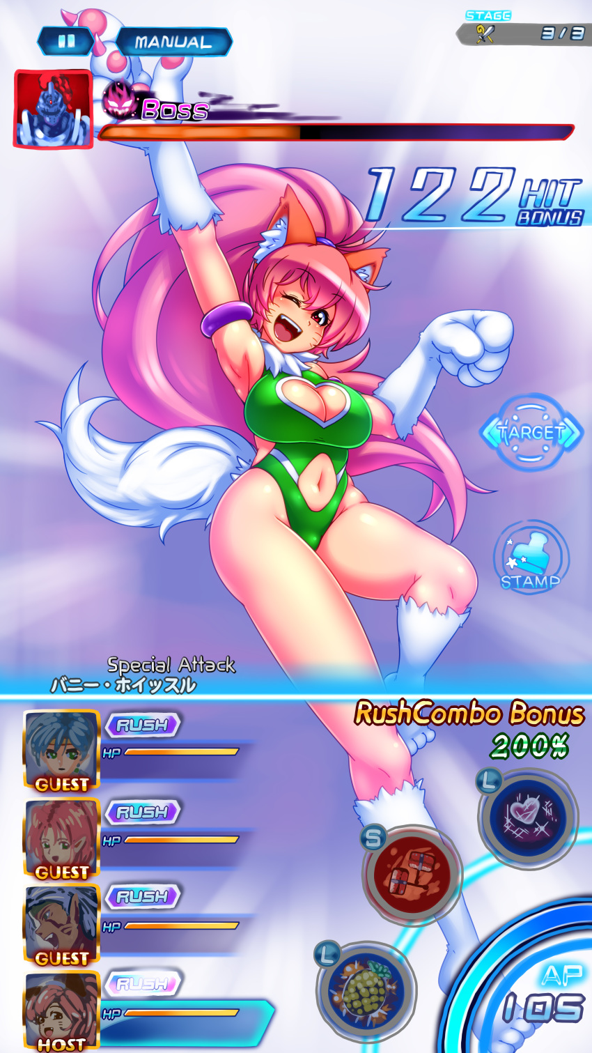 :d absurdres animal_ears animal_hands armor blush breasts cat_ears cat_tail cleavage cleavage_cutout closed_mouth clothing_cutout female gloves heart_cutout helmet highres large_breasts leotard long_hair looking_at_viewer millie_chliette navel open_mouth perisie_(star_ocean) pink_hair ponytail red_eyes roddick_farrence ryoi short_hair smile star_ocean star_ocean_first_departure tail