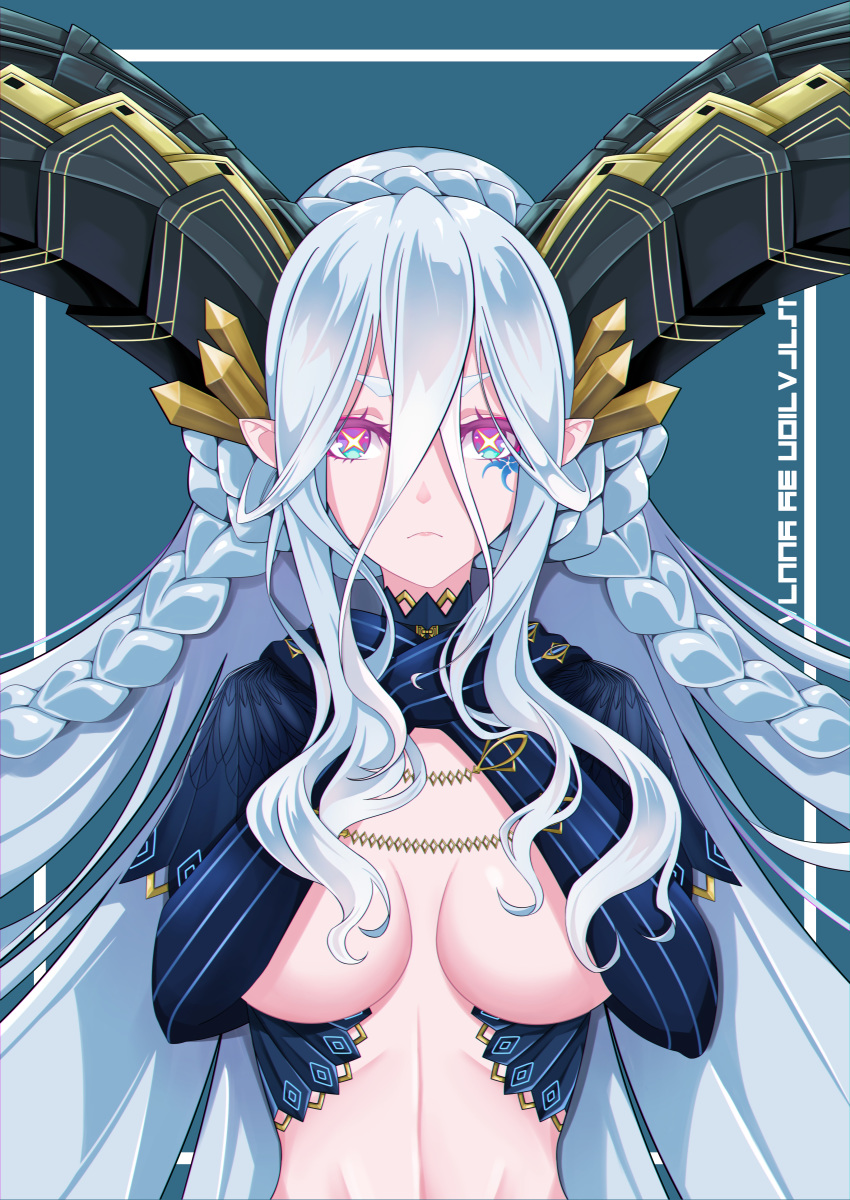 +_+ absurdres blue_gloves braid breasts chains closed_mouth curled_horns fate/grand_order fate_(series) female gloves green_background grey_hair hair_between_eyes hands_on_own_chest highres horns large_breasts long_hair long_horns looking_at_viewer pink_eyes pointy_ears solo striped_clothes striped_gloves symbol-shaped_pupils tiamat_(fate) vertical-striped_clothes vertical-striped_gloves very_long_hair yuuta_(yuuta0312)