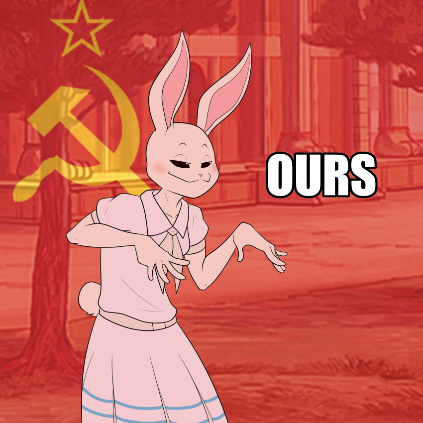 1:1 2020 :3 anthro beastars belt black_sclera blush bran-draws-things clothed clothing communism communist_bugs_bunny domestic_rabbit dress dwarf_rabbit english_text female front_view fully_clothed fur hammer_and_sickle haru_(beastars) hi_res humor icon lagomorph leporid mammal meme oryctolagus politics portrait pose rabbit reaction_image russian solo soviet_flag soviet_union standing text three-quarter_portrait white_body white_fur