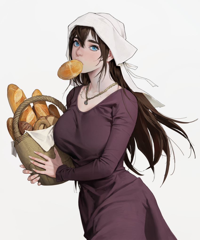 baguette basket blue_eyes bread bread_slice breasts brown_hair collarbone commentary cowboy_shot dongho_kang dress english_commentary female fingernails food food_in_mouth hair_between_eyes highres holding holding_basket jewelry large_breasts long_hair looking_at_viewer mouth_hold necklace original red_dress solo toast toast_in_mouth white_headwear