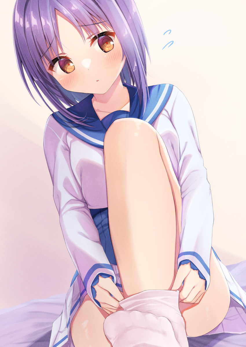 bed_sheet blue_sailor_collar blush bra-ban! breasts brown_eyes collarbone commentary_request commission female flying_sweatdrops highres knee_up long_sleeves mikage_sumi no_shoes parted_bangs parted_lips pixiv_commission pleated_skirt purple_hair sailor_collar segaxtu shirt sitting skirt sleeves_past_wrists small_breasts sock_pull socks solo white_shirt white_skirt white_socks