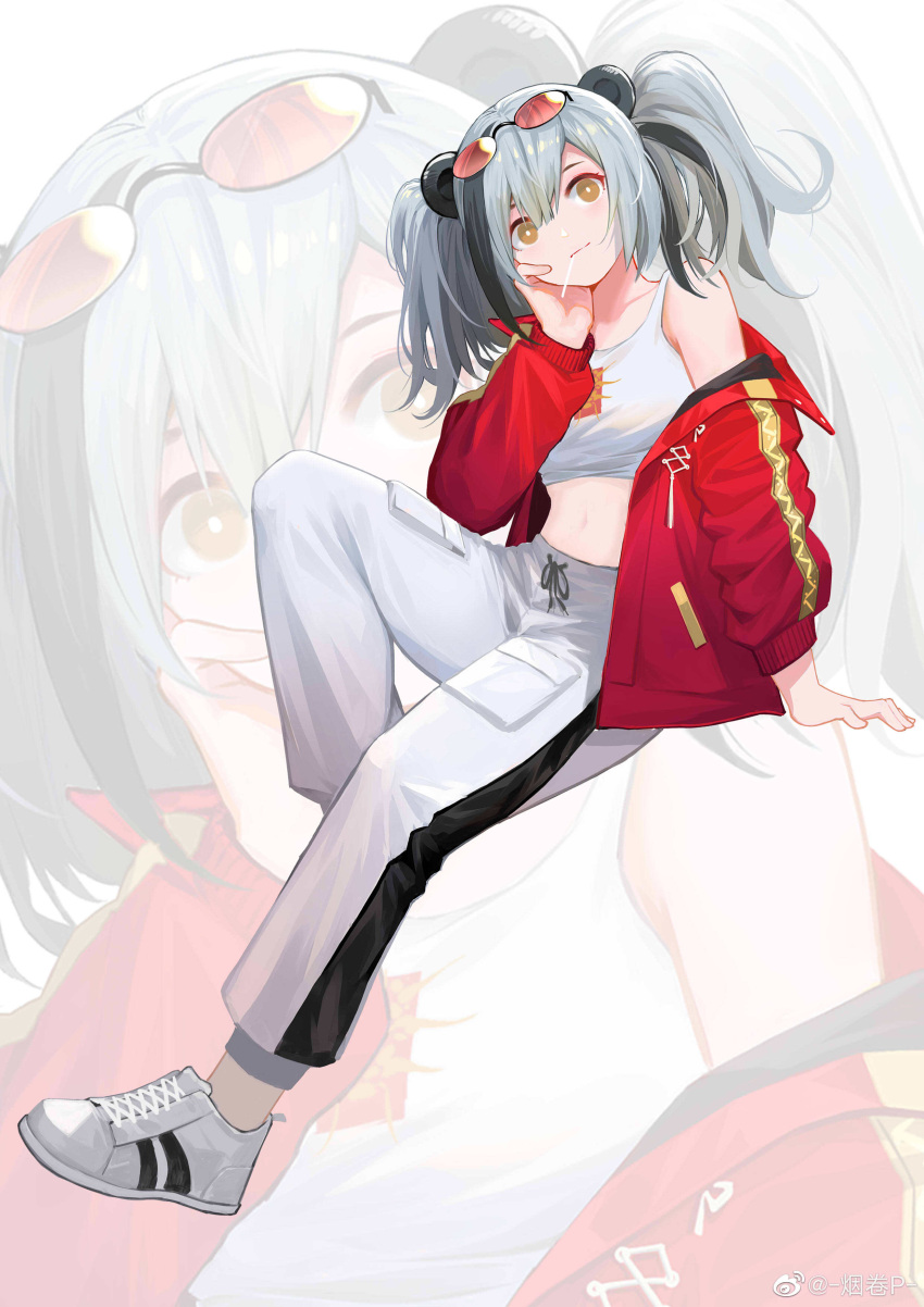 absurdres animal_ears arknights bare_shoulders bear_ears black_hair breasts bright_pupils brown_eyes cigarette_p closed_mouth collarbone crop_top eyebrows_hidden_by_hair eyewear_on_head feater_(arknights) feater_(gourmet)_(arknights) female full_body grey_hair hand_on_own_cheek hand_on_own_face highres invisible_chair jacket long_sleeves medium_breasts mouth_hold multicolored_hair off_shoulder official_alternate_costume open_clothes open_jacket pants red-tinted_eyewear red_jacket shoes sitting smile sneakers solo sunglasses tinted_eyewear track_pants twintails two-tone_hair white_footwear white_pants zoom_layer