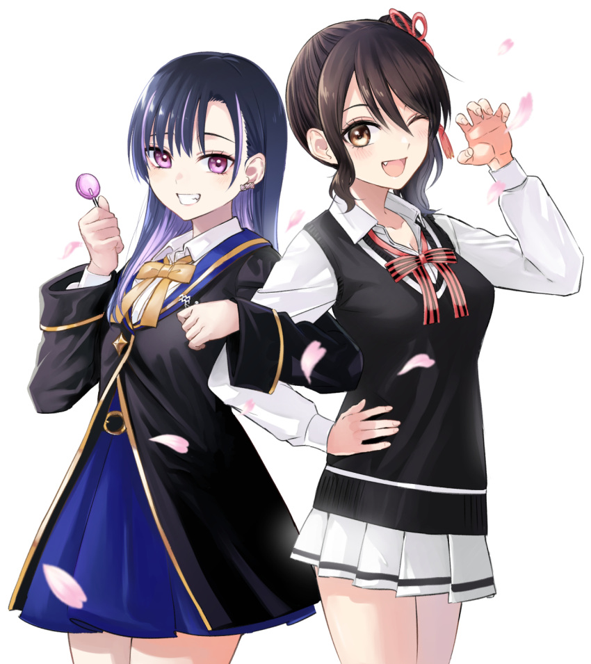 2girls ;d aria_aquarius black_hair black_jacket blue_hair blue_skirt bow bowtie breasts brown_eyes brown_hair candy candy_earrings claw_pose cleavage collared_shirt commentary_request crossover dahlia_academy_boarding_school_uniform dress_shirt food grin highres holding holding_candy holding_food holding_lollipop jacket kishuku_gakkou_no_juliet komai_hasuki kuroneko_to_majo_no_kyoushitsu locked_arms lollipop long_hair long_sleeves multiple_girls natsupa oerba_yun_fang one_eye_closed partial_commentary petals pink_hair pleated_skirt puffy_long_sleeves puffy_sleeves purple_eyes school_uniform shirt side_ponytail simple_background skirt small_breasts smile sweater_vest white_background white_shirt white_skirt