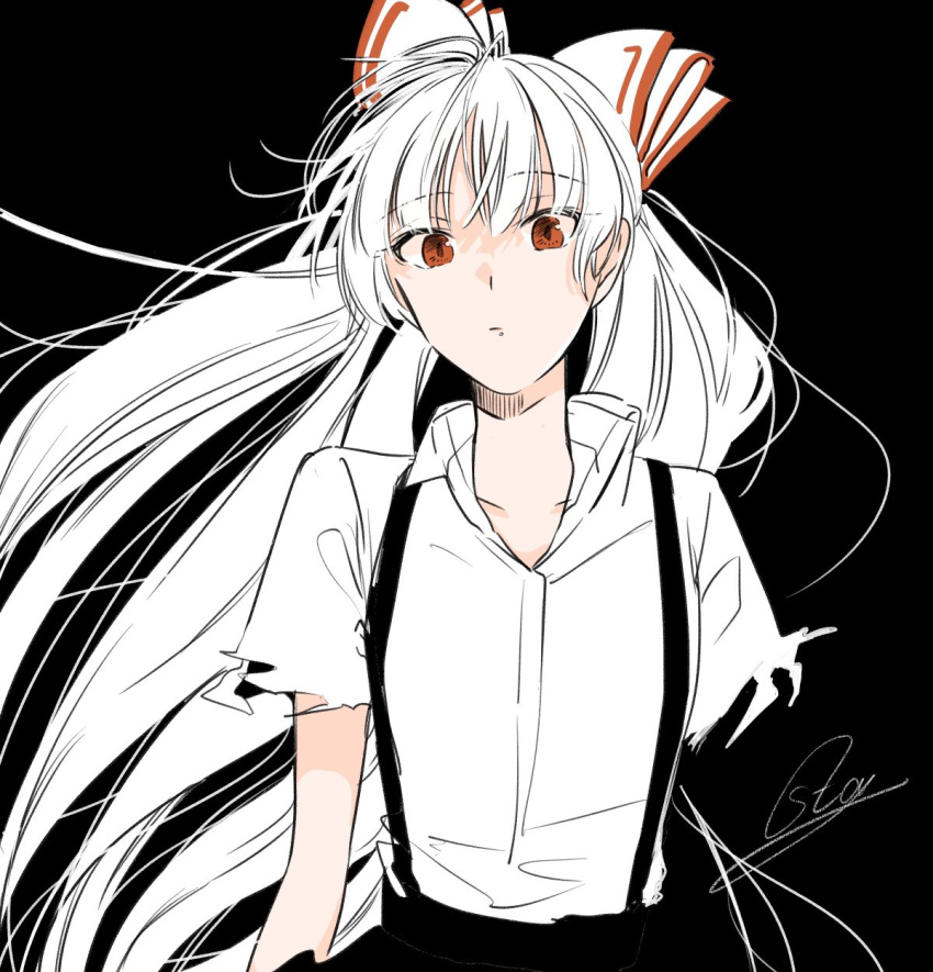 bad_id bad_twitter_id black_background black_pants bow closed_mouth collared_shirt female fujiwara_no_mokou highres long_hair looking_at_viewer multicolored_bow pants red_bow red_eyes shirt short_sleeves simple_background solo souta_(karasu_no_ouchi) touhou white_bow white_hair white_shirt