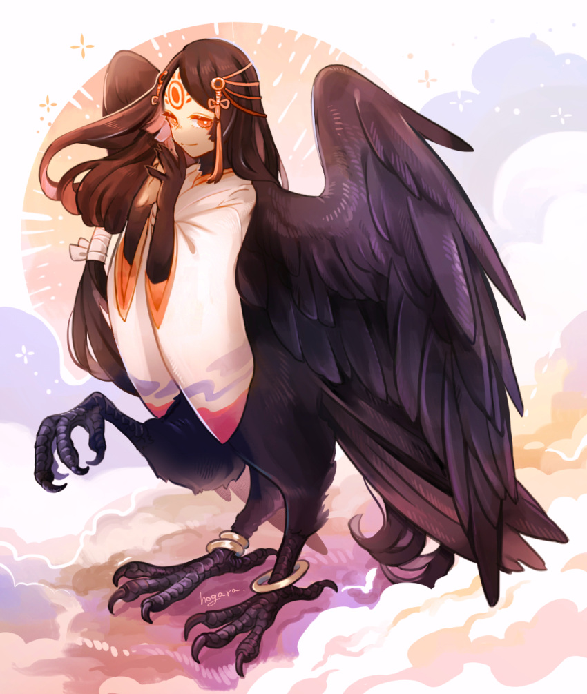 animal_hands anklet bird_legs black_feathers black_hair black_wings cloud commentary_request extra_legs feathered_wings feathers female forehead_tattoo harpy highres hogara jewelry long_hair monster_girl original parted_bangs solo wide_sleeves wings yatagarasu