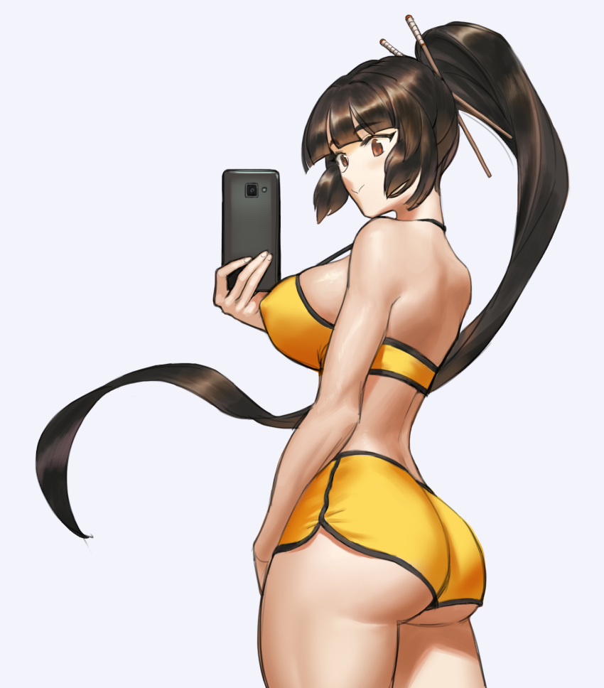 ass bare_arms bare_shoulders blunt_bangs breasts brown_eyes brown_hair cellphone closed_mouth commentary_request covered_nipples crop_top dolphin_shorts female grey_background hair_ornament hair_stick halterneck high_ponytail highres holding holding_phone hsh_thx korean_commentary large_breasts last_origin long_hair phone photoshop_(medium) selfie short_shorts shorts sideboob sidelocks smartphone smile solo sports_bra thighs tiequan_(last_origin) underbutt very_long_hair yellow_shorts