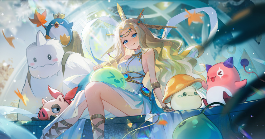 >_< :d absurdres akihara_nozomi armlet bare_shoulders bird blonde_hair blue_eyes closed_mouth commentary_request creature cygnus_(maplestory) dress feet_out_of_frame female gladiator_sandals hagoromo highres long_hair looking_at_viewer maplestory penguin pig sandals shawl sitting sleeveless sleeveless_dress smile solo tearing_up very_long_hair wavy_hair wavy_mouth white_dress