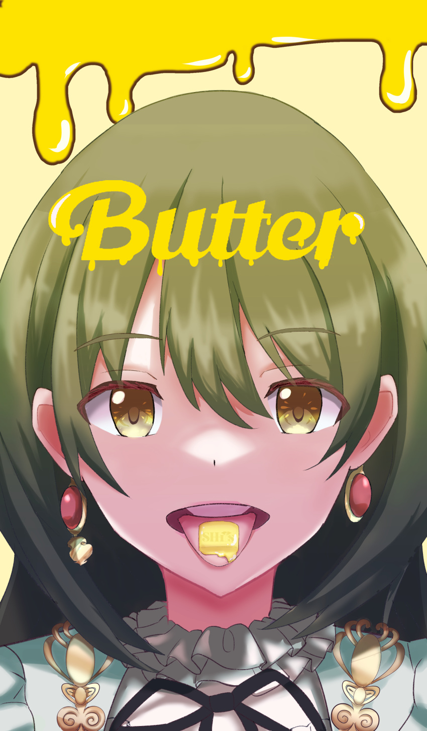 absurdres butter commentary_request earrings female food food_in_mouth green_hair highres idolmaster idolmaster_shiny_colors jewelry long_hair looking_at_viewer nanakusa_nichika open_mouth portrait sanami_(sanami_t_38) solo tongue tongue_out yellow_eyes