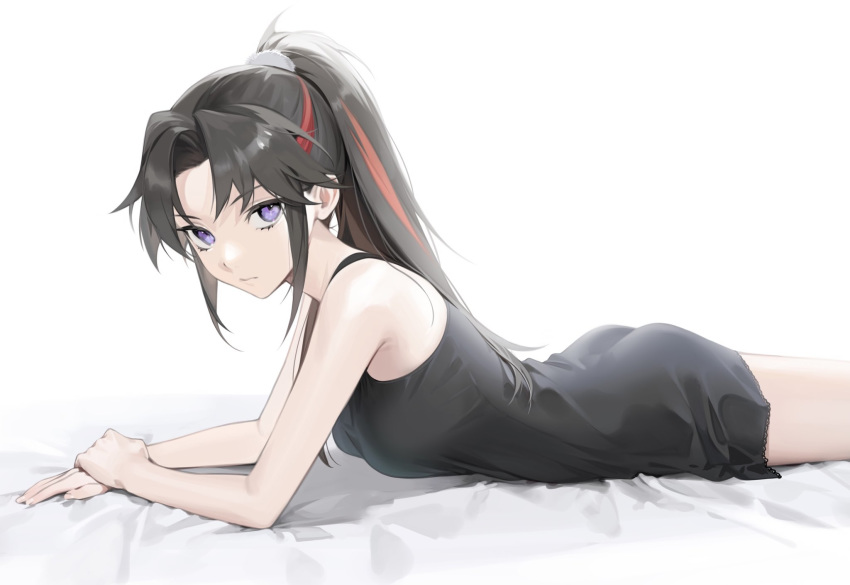 ass black_dress black_hair breasts closed_mouth dress female from_side han'you_no_yashahime high_ponytail highres inuyasha long_hair looking_at_viewer looking_to_the_side lying medium_breasts multicolored_hair ohisashiburi on_stomach own_hands_together parted_bangs purple_eyes red_hair setsuna_(inuyasha) short_dress sidelocks simple_background sleeveless sleeveless_dress solo streaked_hair two-tone_hair v-shaped_eyebrows white_background