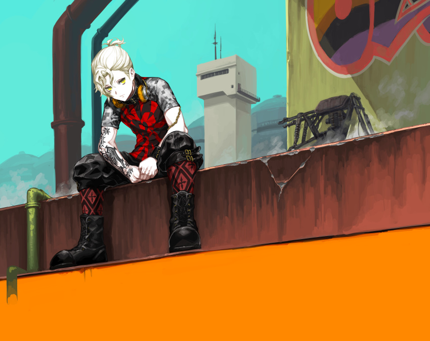 1boy absurdres bad_boy_(module) bad_link blonde_hair boots buckle chains graffiti headphones highres industrial_pipe kagamine_len leather leather_boots leather_collar looking_down male_focus nagimiso pants project_diva_(series) short_hair sitting solo tattoo tower unhappy_refrain_(vocaloid) vocaloid yellow_eyes