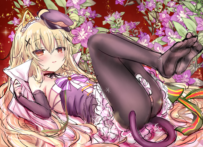 ahoge black_pantyhose black_sleeves blonde_hair blush bow brown_eyes brown_hat commentary_request detached_sleeves dress female flower flower_knight_girl hair_between_eyes hair_ornament hat highres kuko_(flower_knight_girl) legs_up long_sleeves looking_at_viewer lying name_connection no_shoes object_namesake on_back pantyhose parted_lips peaked_cap purple_dress purple_flower shiodome_oji sleeves_past_wrists smile soles solo striped striped_bow thighs tilted_headwear x_hair_ornament