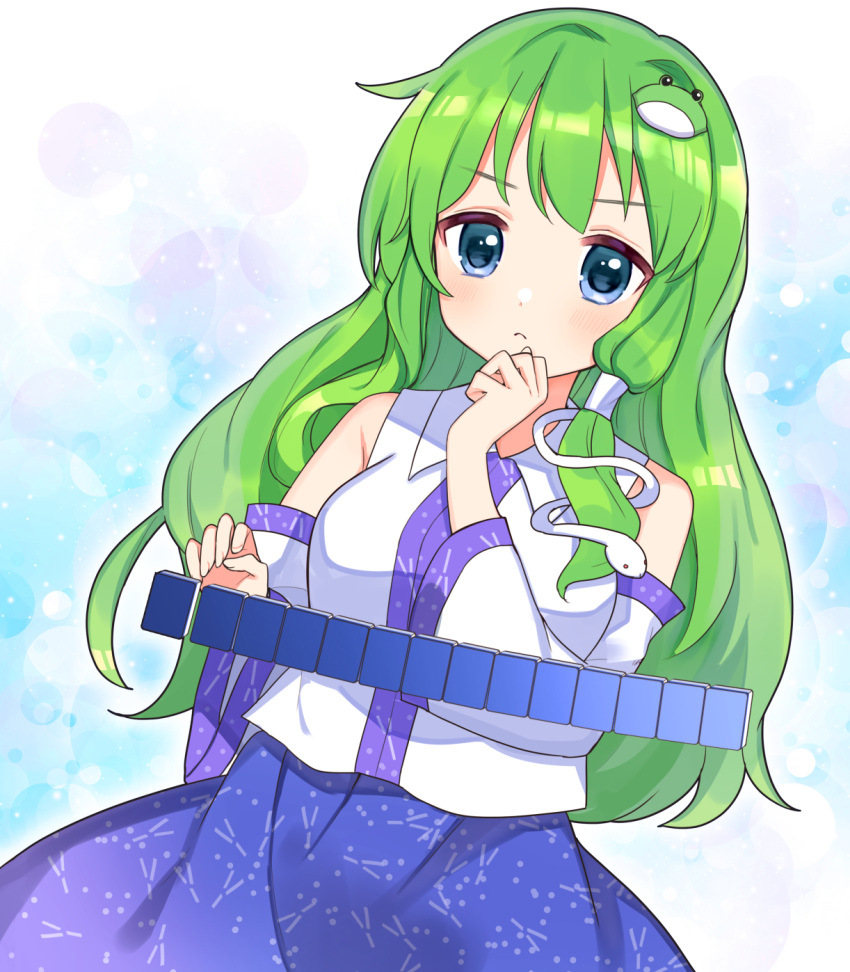 bare_shoulders blouse blue_background blue_eyes blue_skirt breasts caracorn closed_mouth collared_shirt detached_sleeves female frog_hair_ornament green_hair hair_ornament hair_tubes highres kochiya_sanae long_hair mahjong medium_breasts nontraditional_miko shirt skirt snake_hair_ornament solo touhou touhou_unreal_mahjong very_long_hair vest white_sleeves white_vest wide_sleeves