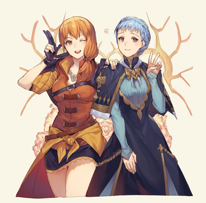 2girls adapted_costume black_gloves black_skirt blue_hair braid brown_eyes closed_mouth commentary crown_braid dress fire_emblem fire_emblem:_three_houses gloves highres leonie_pinelli long_sleeves low_ponytail marianne_von_edmund multiple_girls one_eye_closed open_mouth orange_eyes orange_hair skirt symbol-only_commentary v velahka