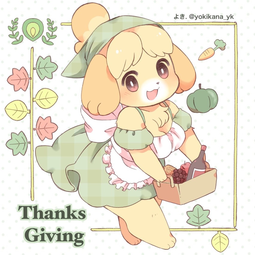 1:1 3_fingers 3_toes accessory alternative_fashion animal_crossing anthro apple bandana barefoot basket beverage blonde_hair bottle breasts canid canine canis carrot chest_tuft cleavage clothed clothing container country_lolita daww digital_media_(artwork) domestic_dog dotted_background dress english_text feet female female_anthro fingers food fruit fur grape green_clothing green_dress hair hair_accessory holding_object holidays isabelle_(animal_crossing) j-fashion kemono kerchief leaf lolita_(fashion) looking_at_viewer mammal medium_breasts nintendo open_mouth pastel_theme pattern_background plant simple_background smile solo text thanksgiving toes topwear tuft vegetable white_background yellow_body yellow_fur yokikana_yk