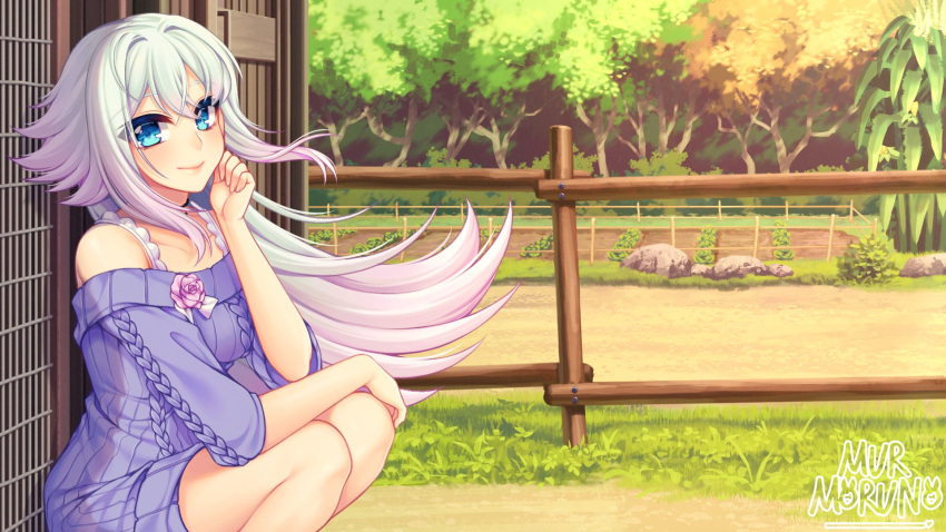 arm_on_knee artist_name blue_eyes breasts cabin_fever_(game) closed_mouth commentary door dress english_commentary female fence flower_ornament forest hair_between_eyes hand_on_own_face highres long_hair looking_at_viewer multicolored_hair murmoruno nature outdoors post_and_rail_fence purple_dress purple_hair purple_sweater signature smile solo sweater sweater_dress two-tone_hair white_hair wooden_fence