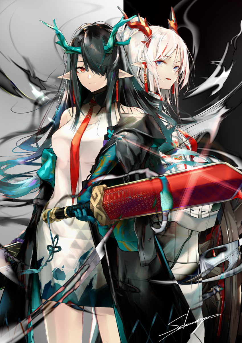 2girls arknights bare_shoulders black_coat black_hair coat commentary_request cowboy_shot dress dusk_(arknights) grey_eyes hair_over_one_eye highres holding holding_sword holding_weapon horns long_hair looking_at_viewer multiple_girls nian_(arknights) off_shoulder open_clothes open_coat parted_lips pencil_dress pointy_ears red_eyes sakusyo short_dress siblings sisters smile standing sword weapon white_dress white_hair