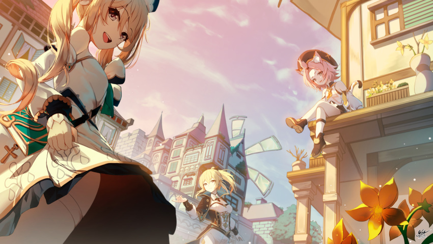 3girls absurdres animal_ear_fluff animal_ears barbara_(genshin_impact) blonde_hair blue_eyes book building cabbie_hat capelet cat_ears cat_tail clothes_lift cloud detached_sleeves diona_(genshin_impact) dress drill_hair flower flower_pot genshin_impact hair_ornament hat highres jean_(genshin_impact) lifting_own_clothes long_sleeves looking_at_viewer magica mondstadt_city multiple_girls open_mouth outdoors pantyhose pink_hair ponytail shorts sitting skirt skirt_lift sky smile sunset tail town twin_drills twintails white_legwear windmill