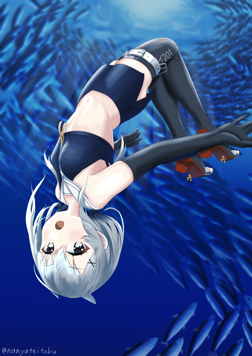 absurdres blue_skirt crop_top fake_horns female freediving gradient_neckerchief grey_eyes grey_hair highres horned_headwear horns i-201_(kancolle) kantai_collection long_hair midriff nanya neckerchief rudder_footwear sailor_collar skirt solo thighhighs upside-down