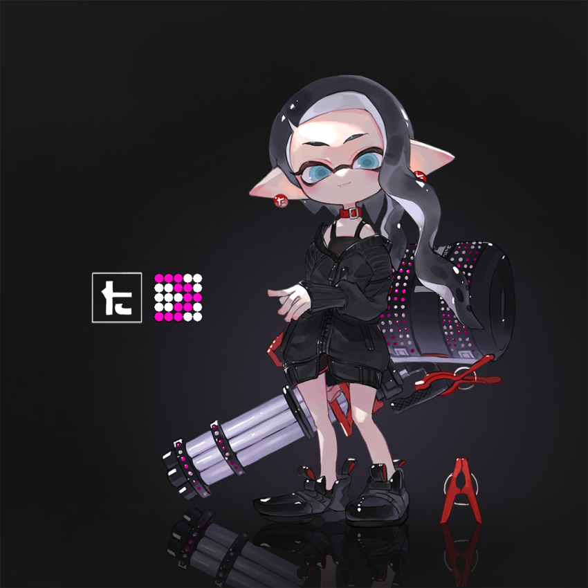 aka_tonbo_(lovetow) animal_collar aqua_eyes black_background black_footwear black_hair black_jacket black_shirt closed_mouth clothes_pin collar commentary earrings female heavy_splatling_(splatoon) holding holding_weapon inkling inkling_girl inkling_player_character jacket jewelry logo long_hair long_sleeves looking_at_viewer no_legwear off_shoulder pointy_ears red_collar reflection shiny_clothes shirt shoes simple_background smile solo splatoon_(series) splatoon_2 standing tank_top tentacle_hair weapon