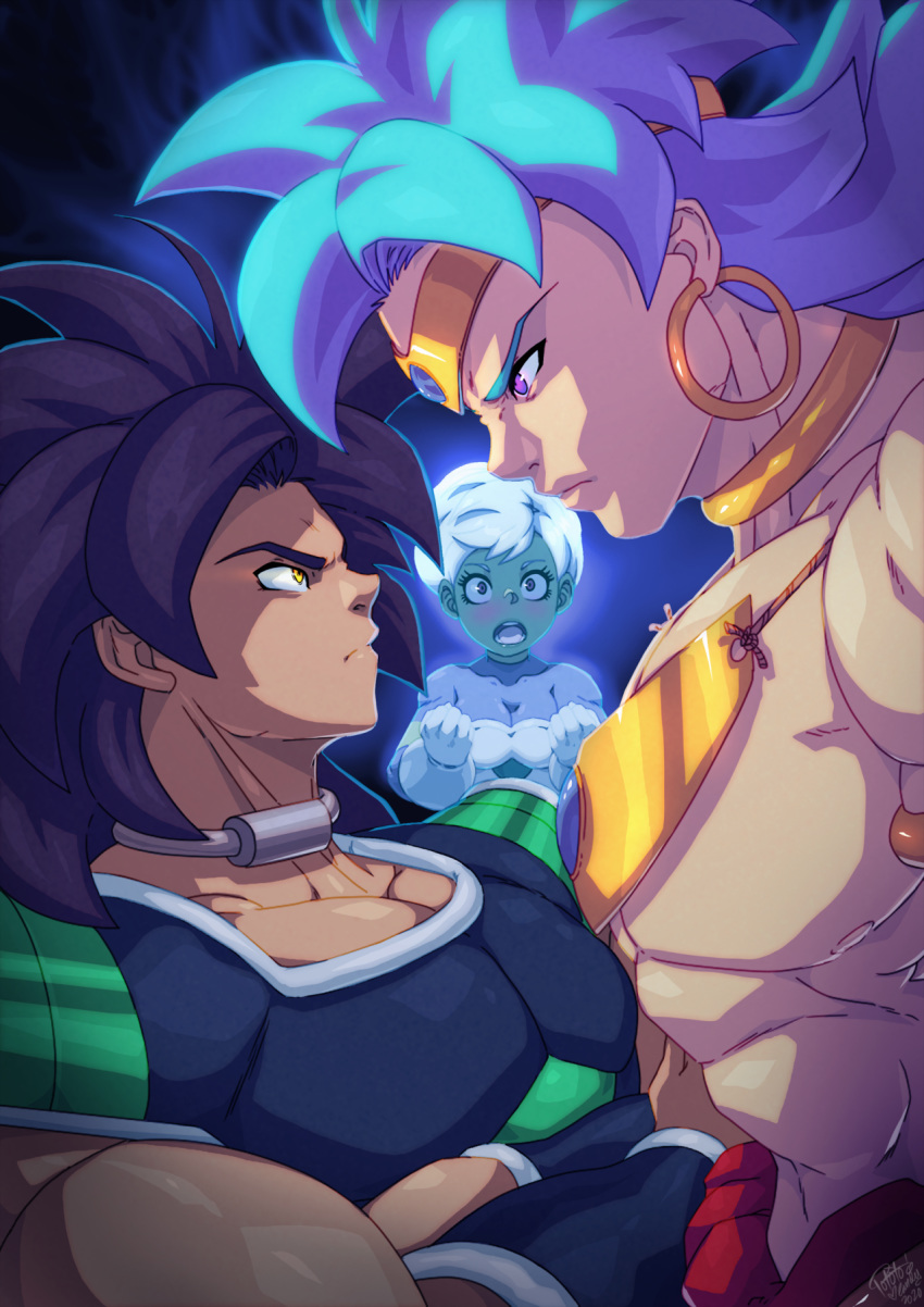 2boys black_hair blue_hair blush breastplate breasts broly broly_(dragon_ball_super) cheelai circlet cleavage clenched_hands crossed_arms dark_skin dragon_ball dragon_ball_super dragon_ball_super_broly dragon_ball_z dual_persona earrings female forehead_jewel green_skin height_difference highres hoop_earrings jewelry looking_at_another male_focus medium_breasts multiple_boys muscle neck_ring parody purple_eyes shirtless simple_background skin_tight spiked_hair street_fighter street_fighter_zero_(series) super_saiyan_blue super_saiyan_full_power tovio_rogers yellow_eyes