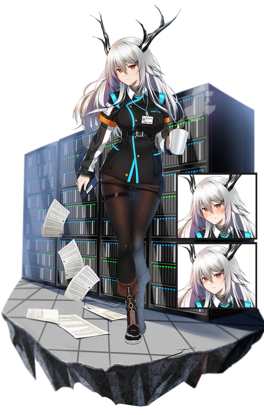 arknights bishi_(bishi) black_jacket black_pantyhose blazer blush boots breasts brown_footwear chinese_commentary clipboard closed_mouth coffee_mug commentary_request cup embarrassed expressionless female floor grey_hair hair_between_eyes head_tilt highres holding holding_cup horns hypergryph_(arknights) jacket large_breasts long_hair long_sleeves looking_at_viewer miniskirt mug multicolored_eyes name_tag original pantyhose paperwork partial_commentary pencil personification portrait purple_eyes server shirt skirt smile solo thigh_strap yellow_eyes