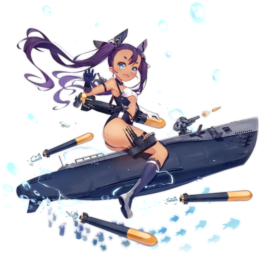 ass azur_lane blue_eyes bluegill_(azur_lane) blush boots dango_remi dark-skinned_female dark_skin female gloves highres long_hair looking_at_viewer official_art open_mouth purple_hair short_eyebrows smile solo swimsuit thighhighs thighs torpedo transparent_background twintails