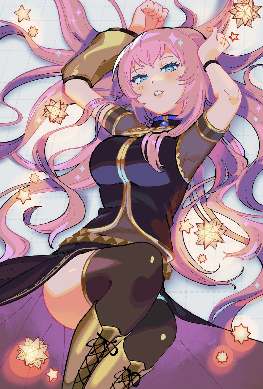 armpits arms_up asymmetrical_sleeves black_skirt black_thighhighs blue_eyes boots breasts brown_footwear brown_sleeves commentary covered_navel detached_sleeves female from_above highres knee_boots large_breasts long_hair looking_at_viewer lying megurine_luka on_back parted_lips pink_hair single_sleeve skirt small_stellated_dodecahedron solo thighhighs very_long_hair vocaloid yooki_(winter_cakes)