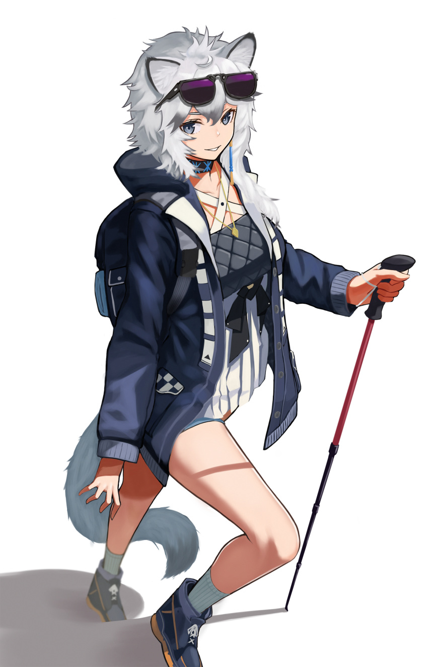 absurdres animal_ears arknights black_hair cliffheart_(arknights) cliffheart_(lone_climber)_(arknights) coat collarbone commentary_request eyewear_on_head female grey_eyes grey_hair grin highres hiking_pole jewelry leopard_ears leopard_tail long_sleeves looking_at_viewer messy_hair multicolored_hair necklace official_alternate_costume parted_lips short_hair smile snow_leopard_ears snow_leopard_girl snow_leopard_tail socks solo sunglasses tail two-tone_hair white_footwear yakupan