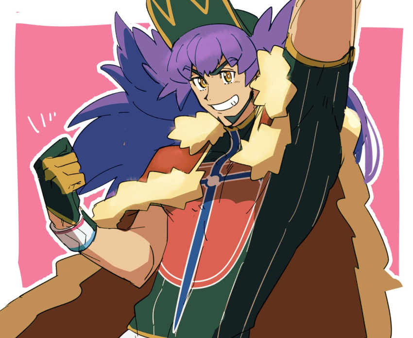 1boy arm_up baseball_cap bright_pupils cape champion_uniform clenched_hand dark-skinned_male dark_skin dynamax_band facial_hair fur-trimmed_cape fur_trim gloves grin hand_up hat highres leon_(pokemon) long_hair male_focus morio_(poke_orio) outline pokemon pokemon_swsh purple_hair red_cape shield_print shirt short_sleeves smile solo sword_print teeth white_pupils yellow_eyes