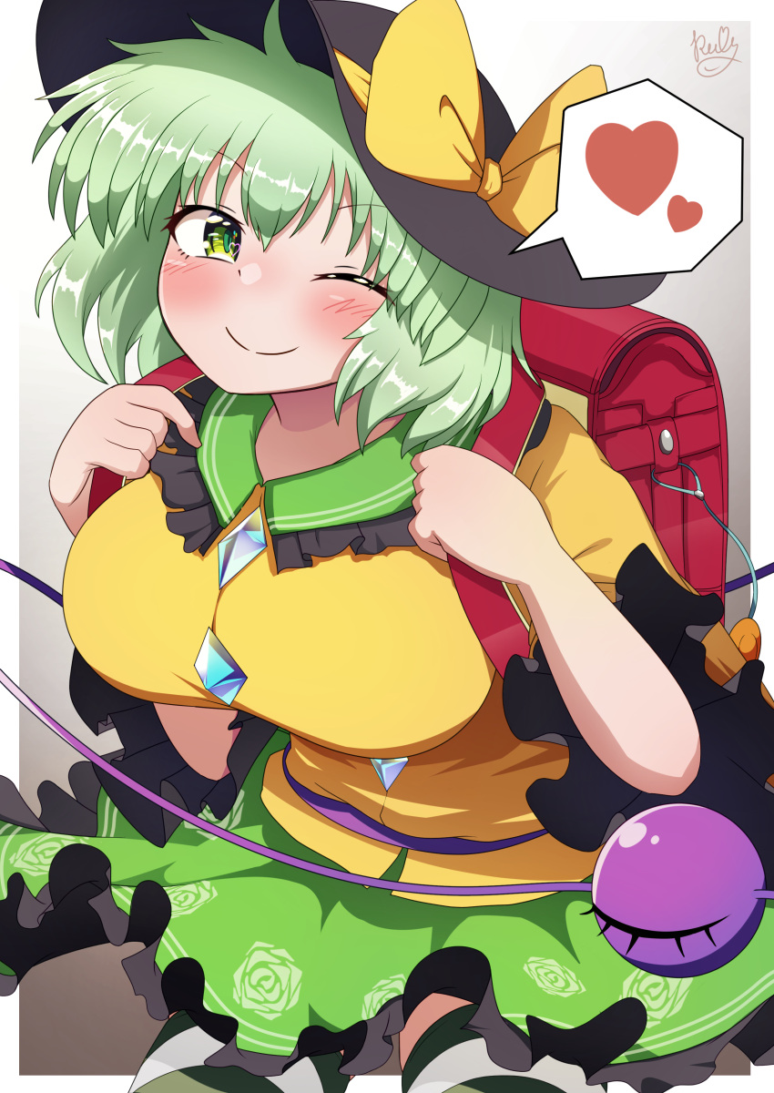 ;) absurdres backpack bag black_hat bow breasts commentary_request female floral_print frilled_sleeves frills gradient_background green_eyes green_hair green_skirt grey_background hat hat_bow heart highres komeiji_koishi large_breasts long_sleeves looking_at_viewer one_eye_closed polyhedron2 randoseru rose_print shirt short_hair signature skirt smile solo spoken_heart touhou wide_sleeves yellow_bow yellow_shirt