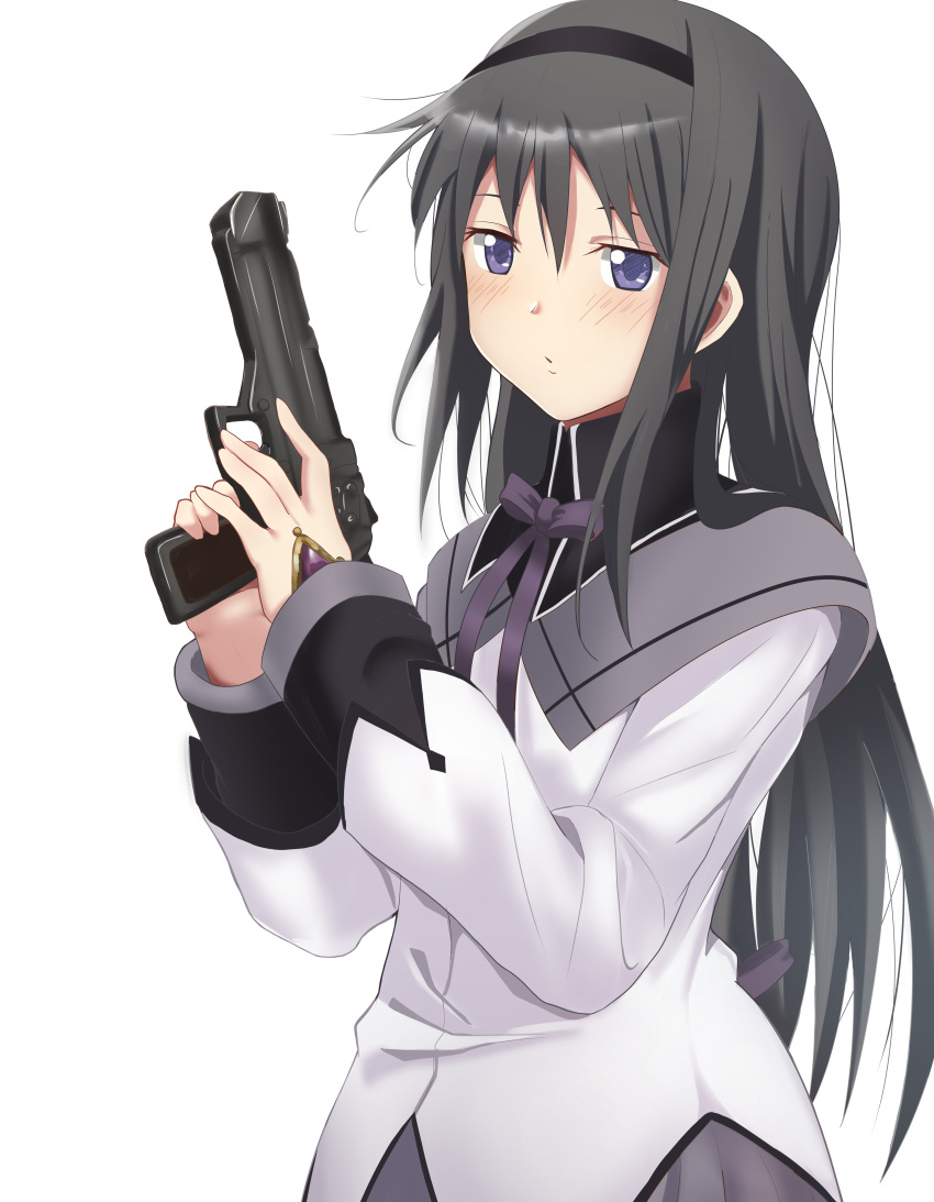 absurdres akemi_homura akemi_homura_(magical_girl) bad_id bad_pixiv_id black_hair blush female gun hateri highres long_hair mahou_shoujo_madoka_magica mahou_shoujo_madoka_magica_(anime) open_mouth purple_eyes ribbon shaft_(company) simple_background weapon