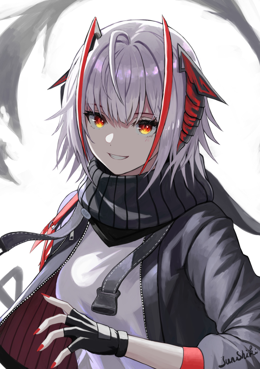 ahoge antenna_hair arknights artist_name black_gloves black_jacket black_scarf demon_horns female fingerless_gloves gloves grey_hair grey_shirt highres horns jacket junshiki looking_at_viewer multicolored_hair open_clothes open_jacket parted_lips red_eyes red_hair red_nails scarf shirt short_hair simple_background smile solo streaked_hair upper_body w_(arknights)