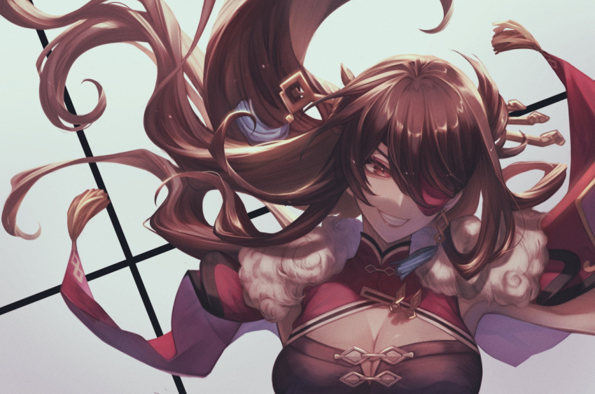 beidou_(genshin_impact) breasts brown_hair cleavage colored_eyepatch dress eyepatch female floating_hair fur_trim genshin_impact grin hair_between_eyes hair_ornament hair_stick kokollet large_breasts long_hair looking_at_viewer red_eyes simple_background smile solo tassel upper_body