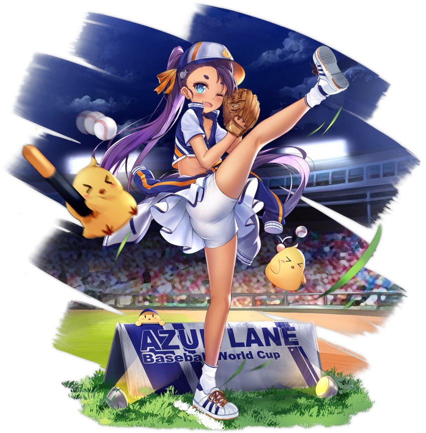 ass azur_lane baseball baseball_cap baseball_mitt baseball_stadium bird blue_eyes bluegill_(azur_lane) bluegill_(up-and-coming_infielder)_(azur_lane) blush chick cloud dango_remi dark-skinned_female dark_skin female full_body hat head_bump highres leg_up legs long_hair manjuu_(azur_lane) midriff night night_sky oerba_yun_fang official_alternate_costume official_art one_eye_closed open_mouth purple_hair ribbon shoes short_eyebrows shorts shorts_under_skirt skirt sky sneakers socks solo standing standing_on_one_leg transparent_background white_footwear white_shorts white_skirt white_socks yellow_ribbon